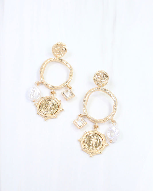 Adalee Hammered Coin Dangle Earring Worn Gold
