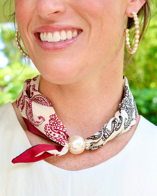 Robyn Magnetic Pearl Scarf Necklace BK CRIM Paisley