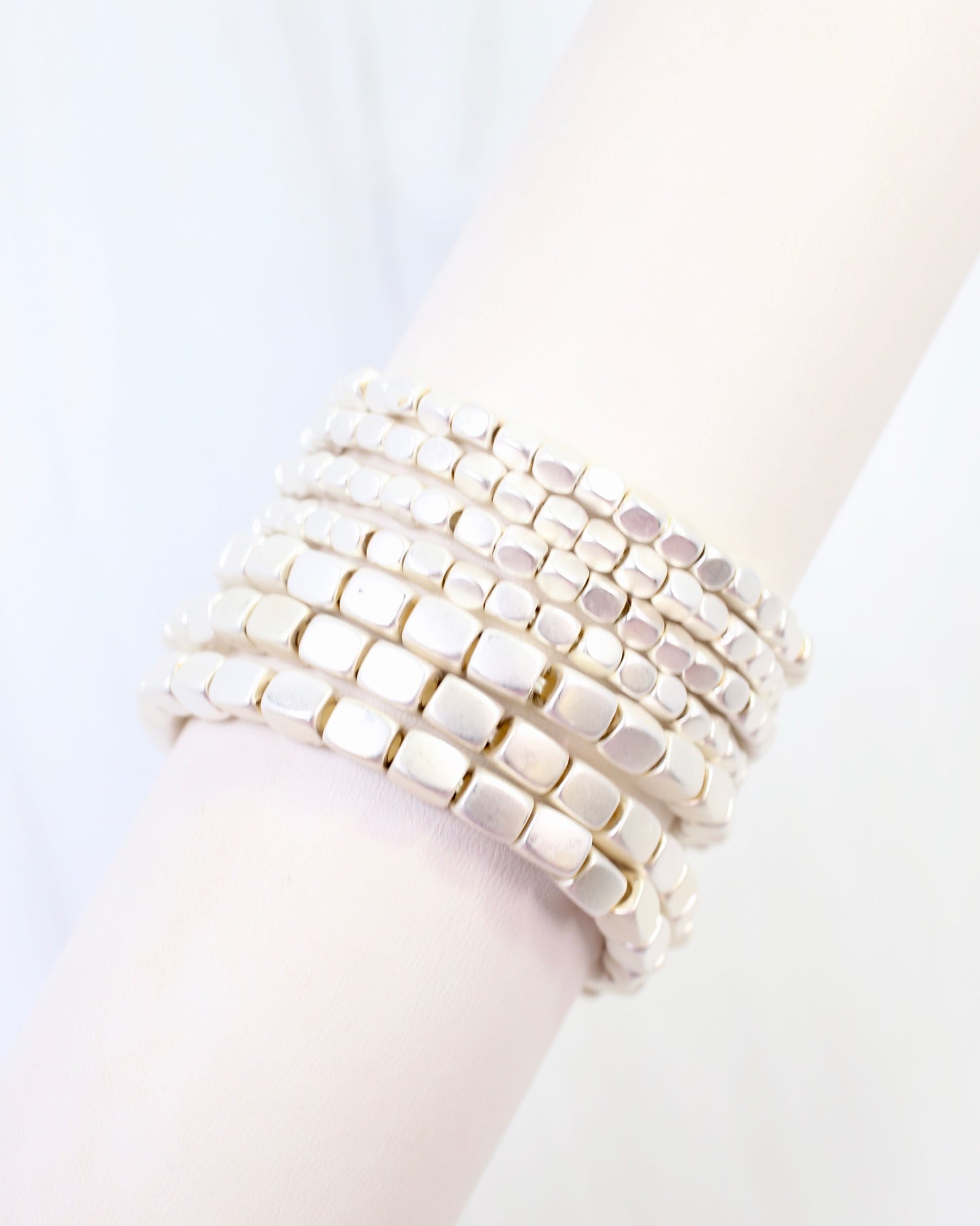 Durham Square Beaded Stretch Bracelet Set Matte Silver