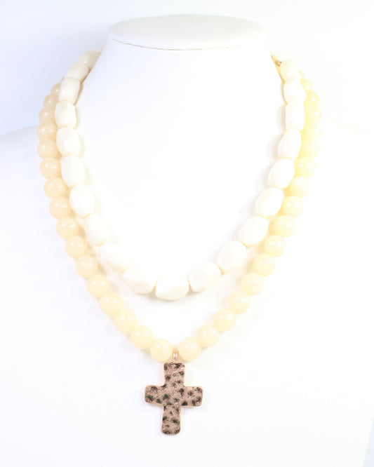 Pedy Cross Layered Beaded Necklace Natural