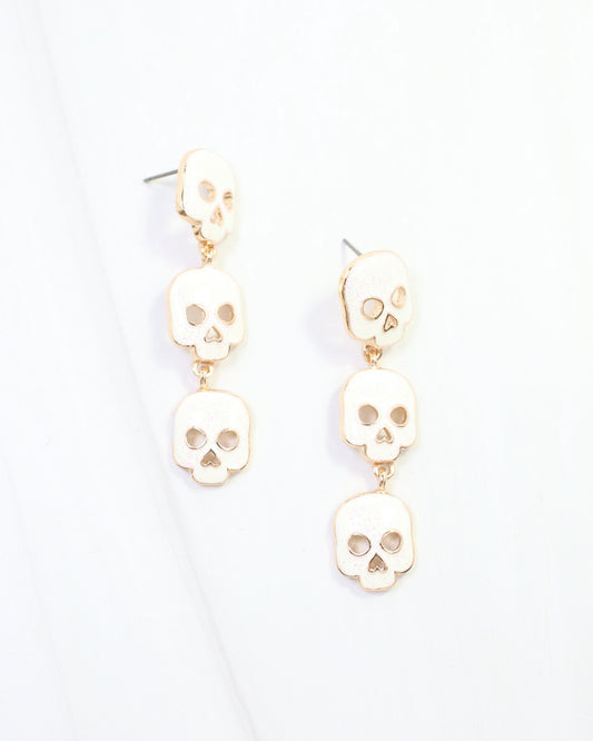 Triple Scary Skull Stud Earring White