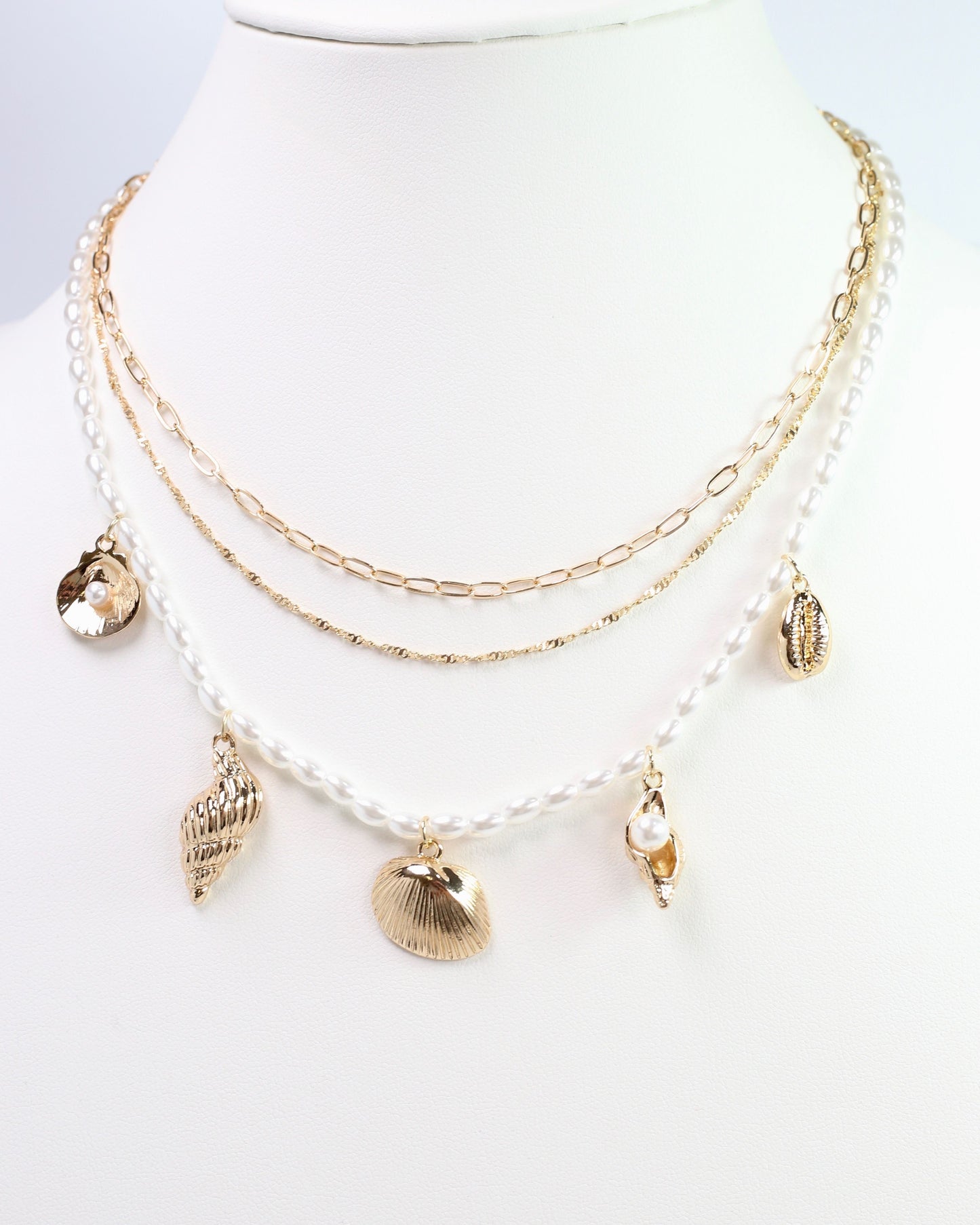 Calm Seas Pearl and Shell Charm Necklace Gold