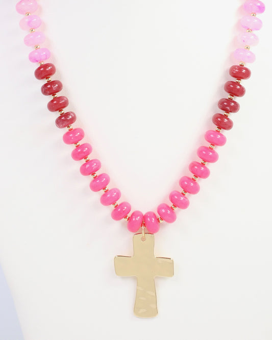 Berkeley Stone Beaded Cross Necklace Pink
