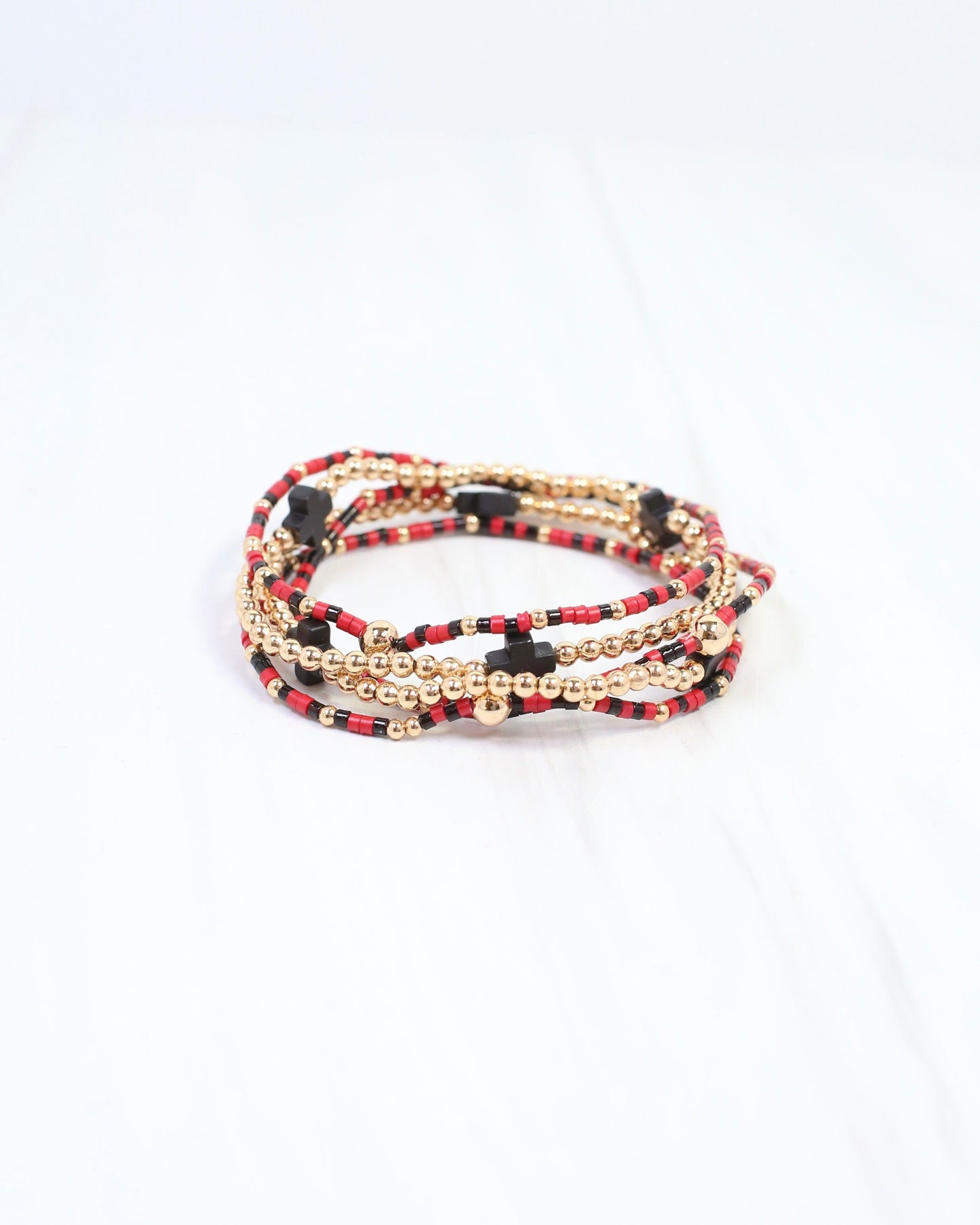 Felicity Beaded Cross Bracelet Set Red Black