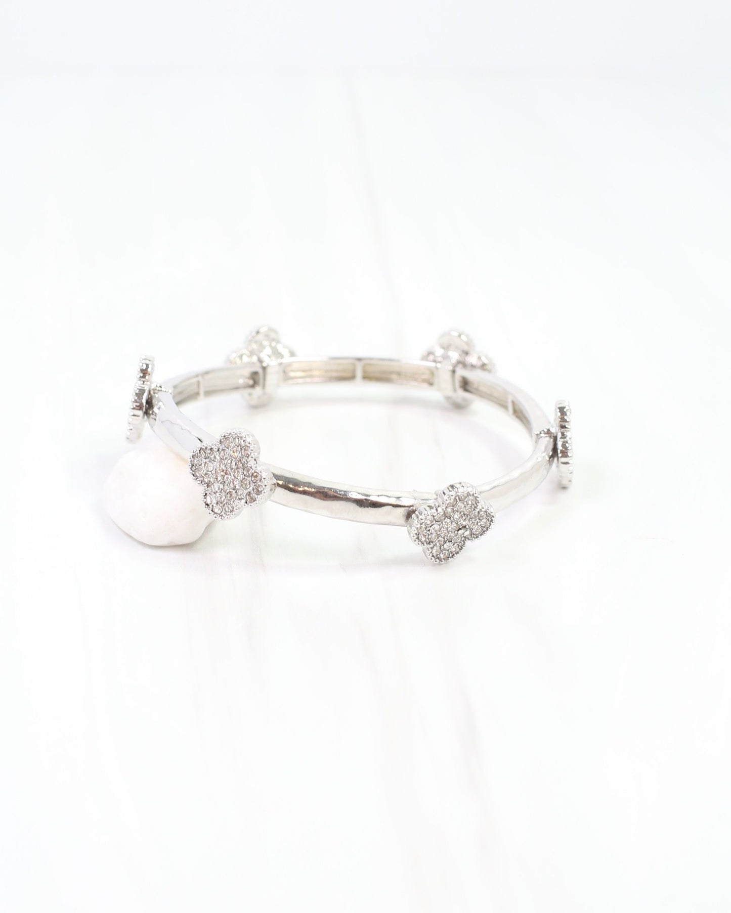 Dion CZ Clover Stretch Bracelet Silver