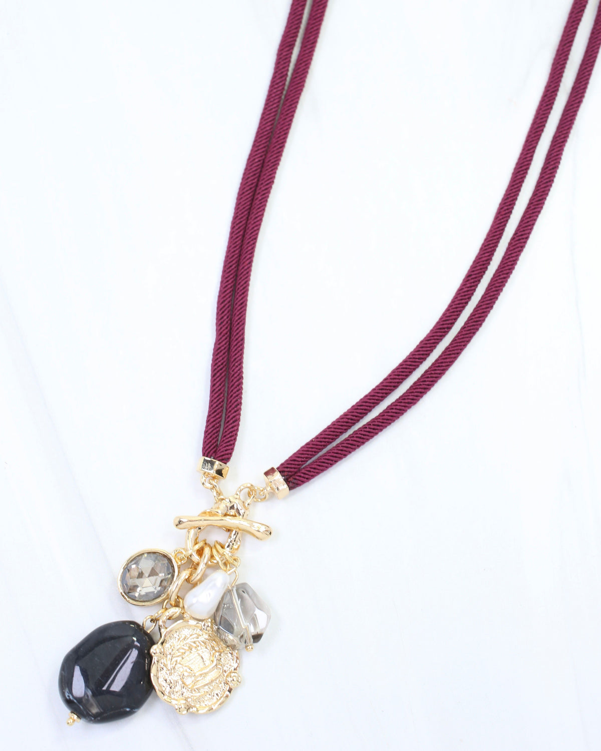 Maritza Coin and Stone Cord Necklace Burgundy