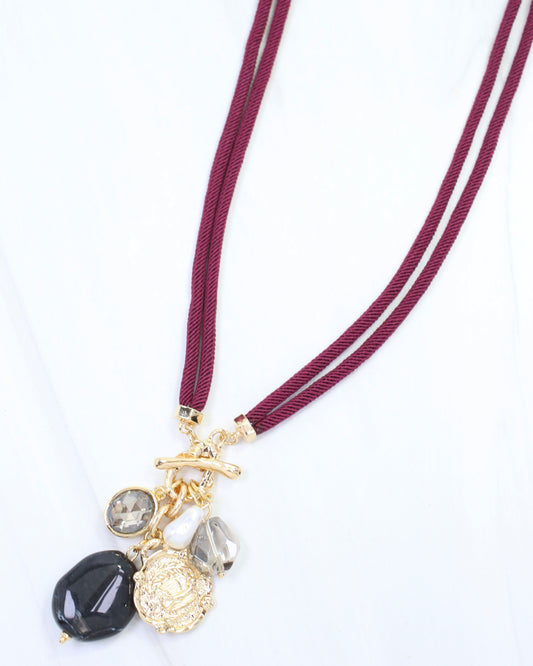 Maritza Coin and Stone Cord Necklace Burgundy