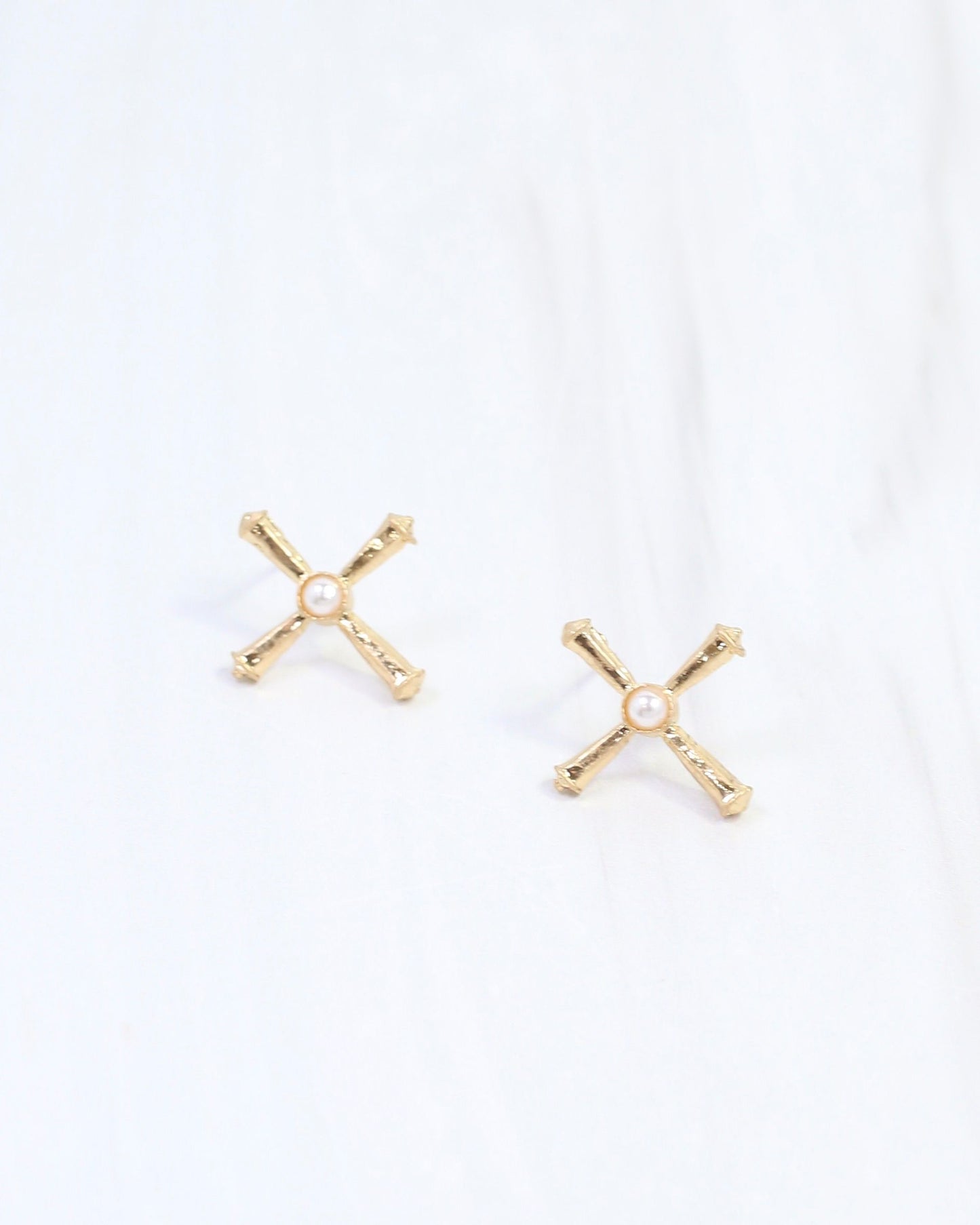 Janet Pearl Cross Stud Earring Worn Gold
