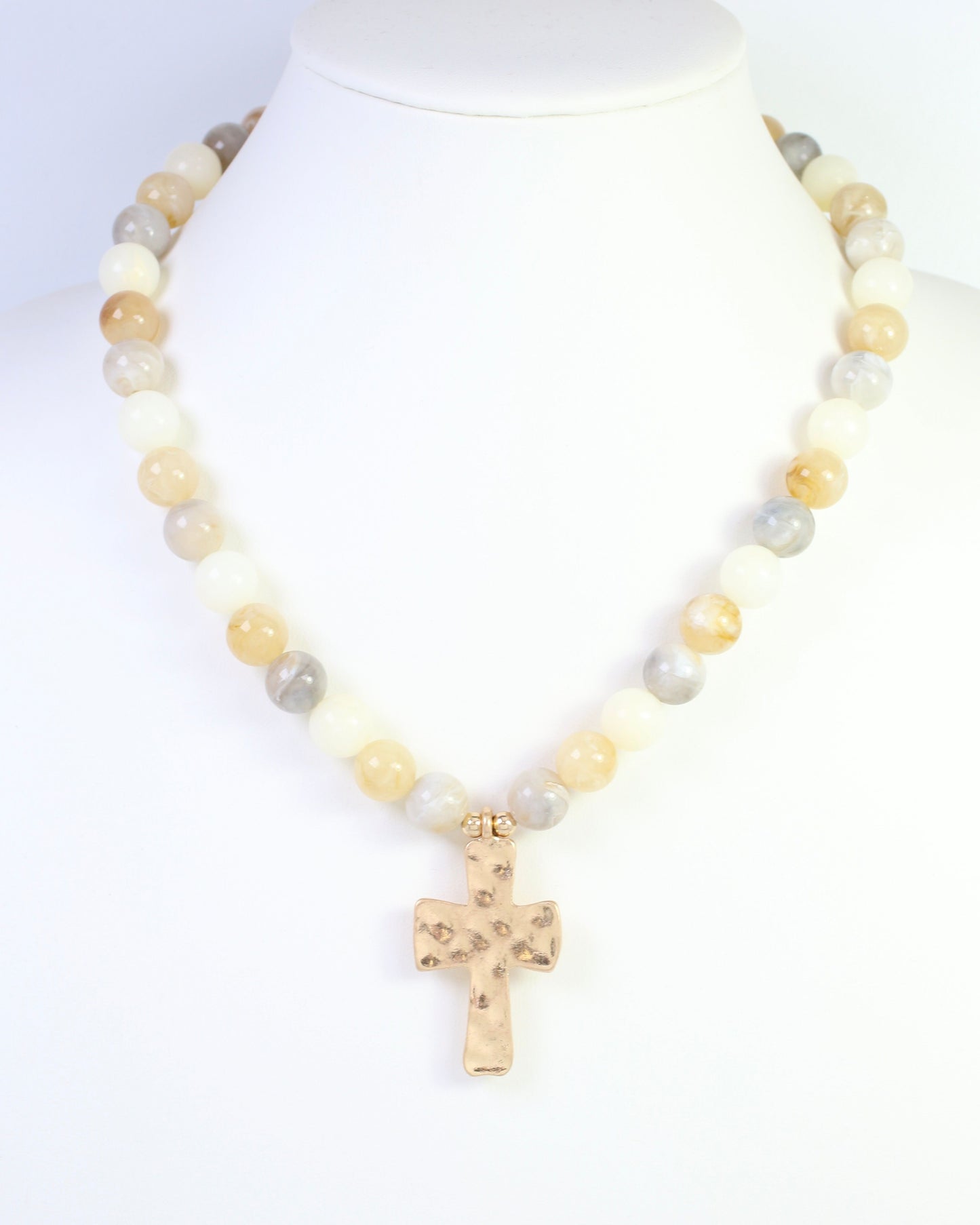 Kathryn Hammered Cross Beaded Necklace Ivory