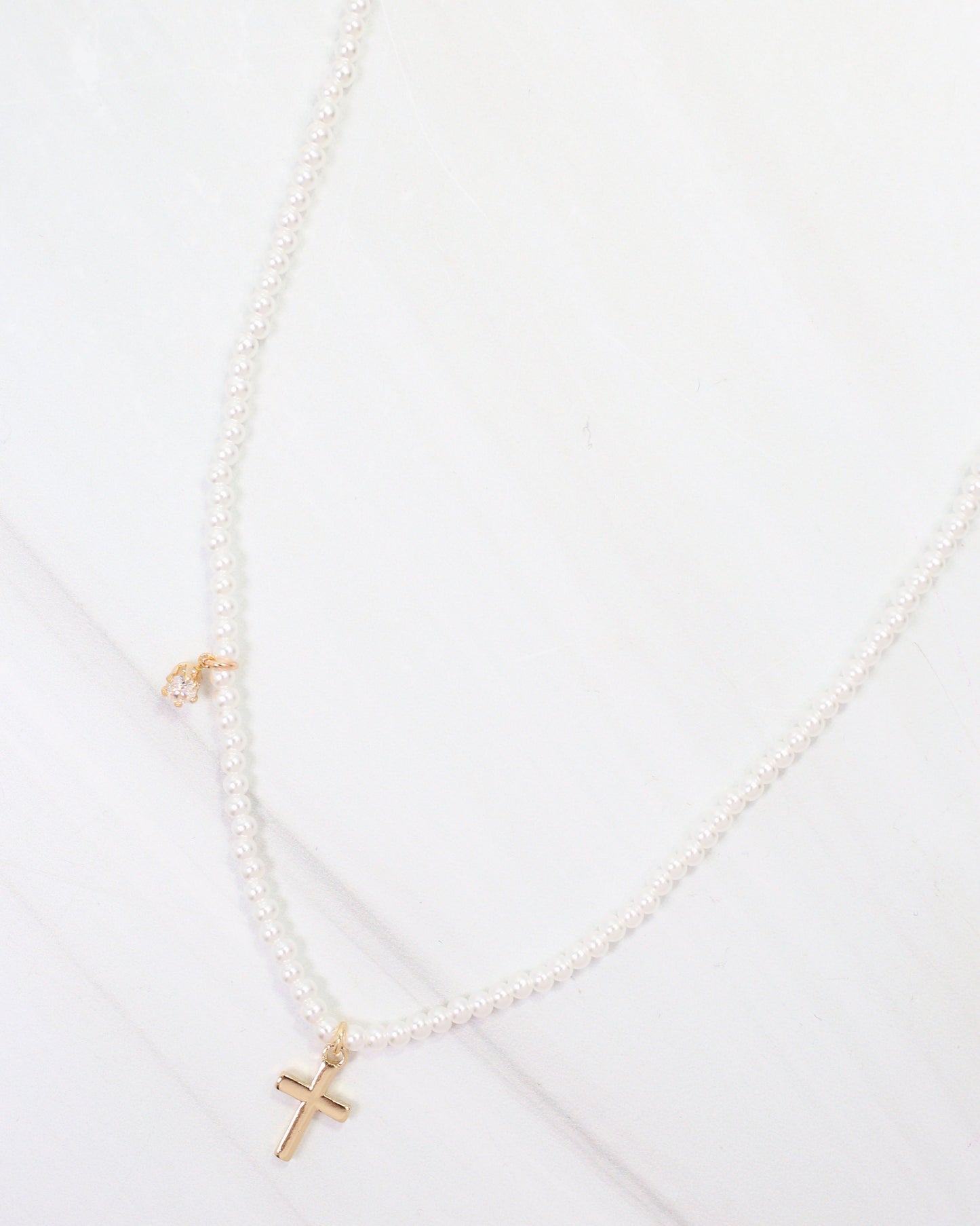 Kalispell Pearl Beaded Necklace with Cross Cream