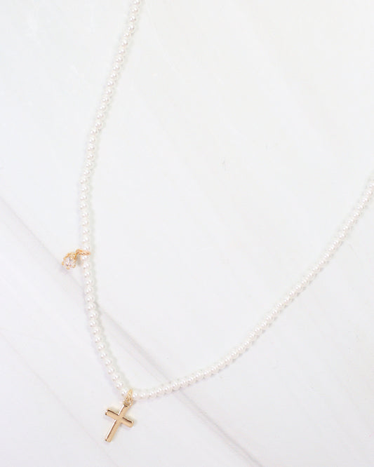 Kalispell Pearl Beaded Necklace with Cross Cream
