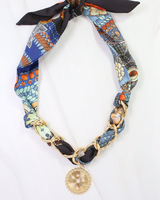 Sarah Scarf Charm Necklace Navy Orange