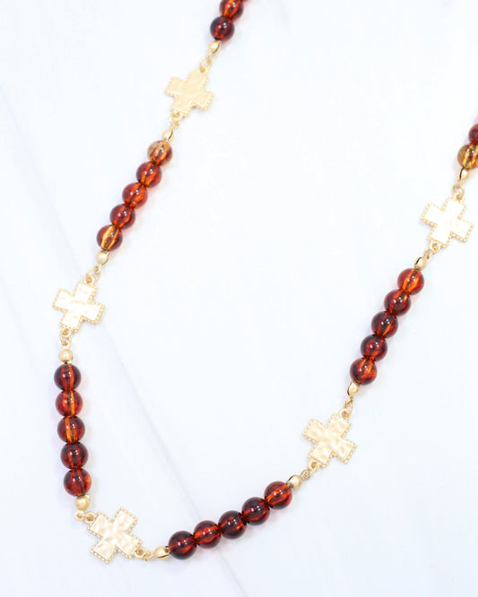 Crenshaw Long Cross and Beaded Necklace Tortoise
