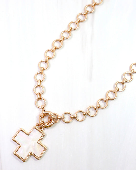 Scone Mother of Pearl Cross Necklace Worn Gold