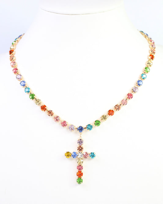 Melinda Crystal  Cross Necklace Lavender Multi