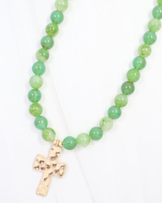 Kathryn Hammered Cross Beaded Necklace Green