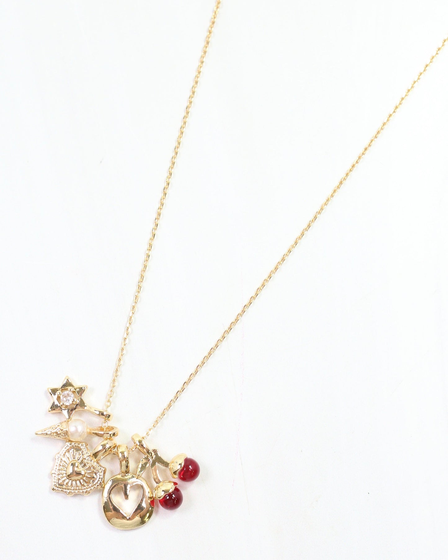 Red Cherry Charm Necklace Set Gold