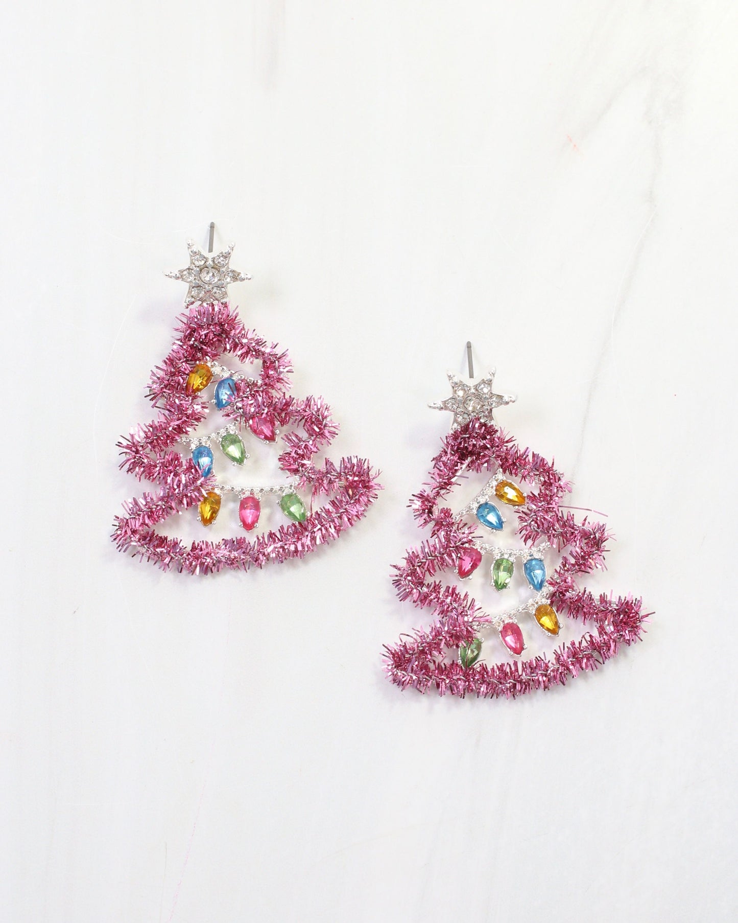Tis the Season Tinsel Tree Earring Pink