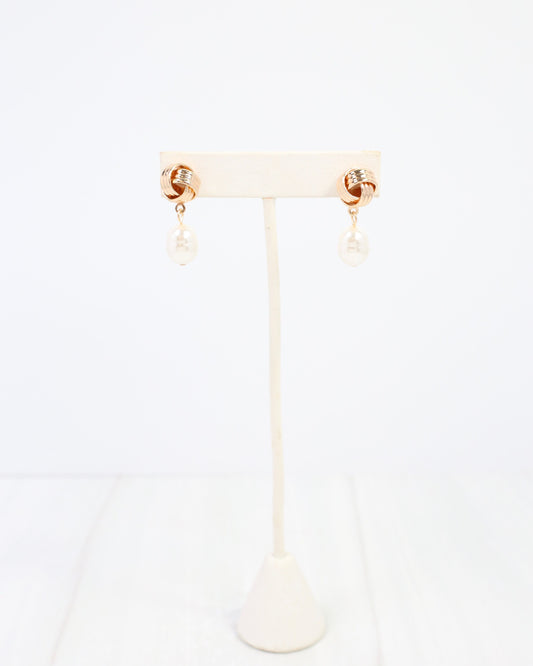 Branson Knot and Pearl Drop Earring Gold