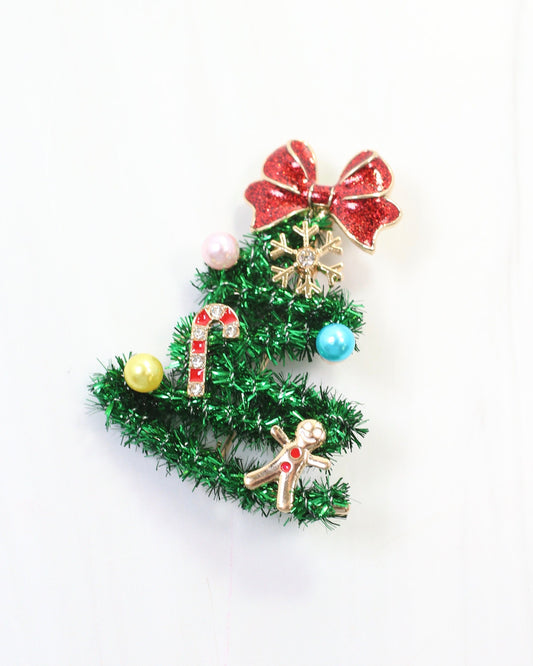 Tis the Season Tinsel Tree Brooch Green