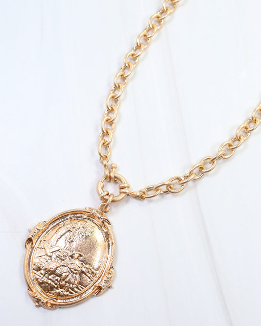 Bria Oval Medallion Long Necklace Worn Gold