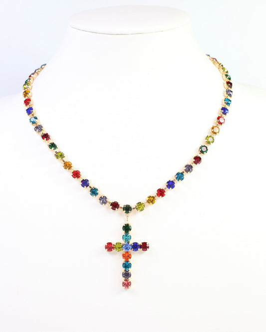 Melinda Crystal  Cross Necklace Dark Multi