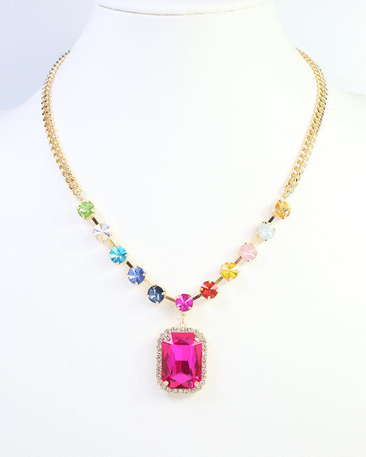 Roxanne Rhinestone Pendant Necklace Fuchsia