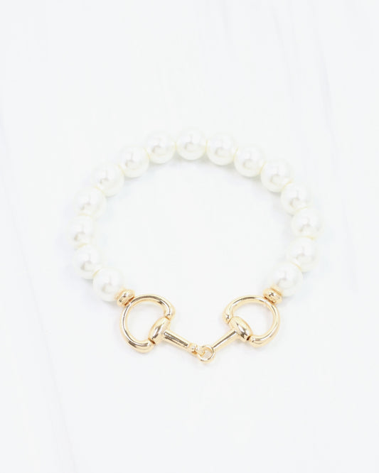 Gigi Pearl Horsebit Stretch Bracelet Cream