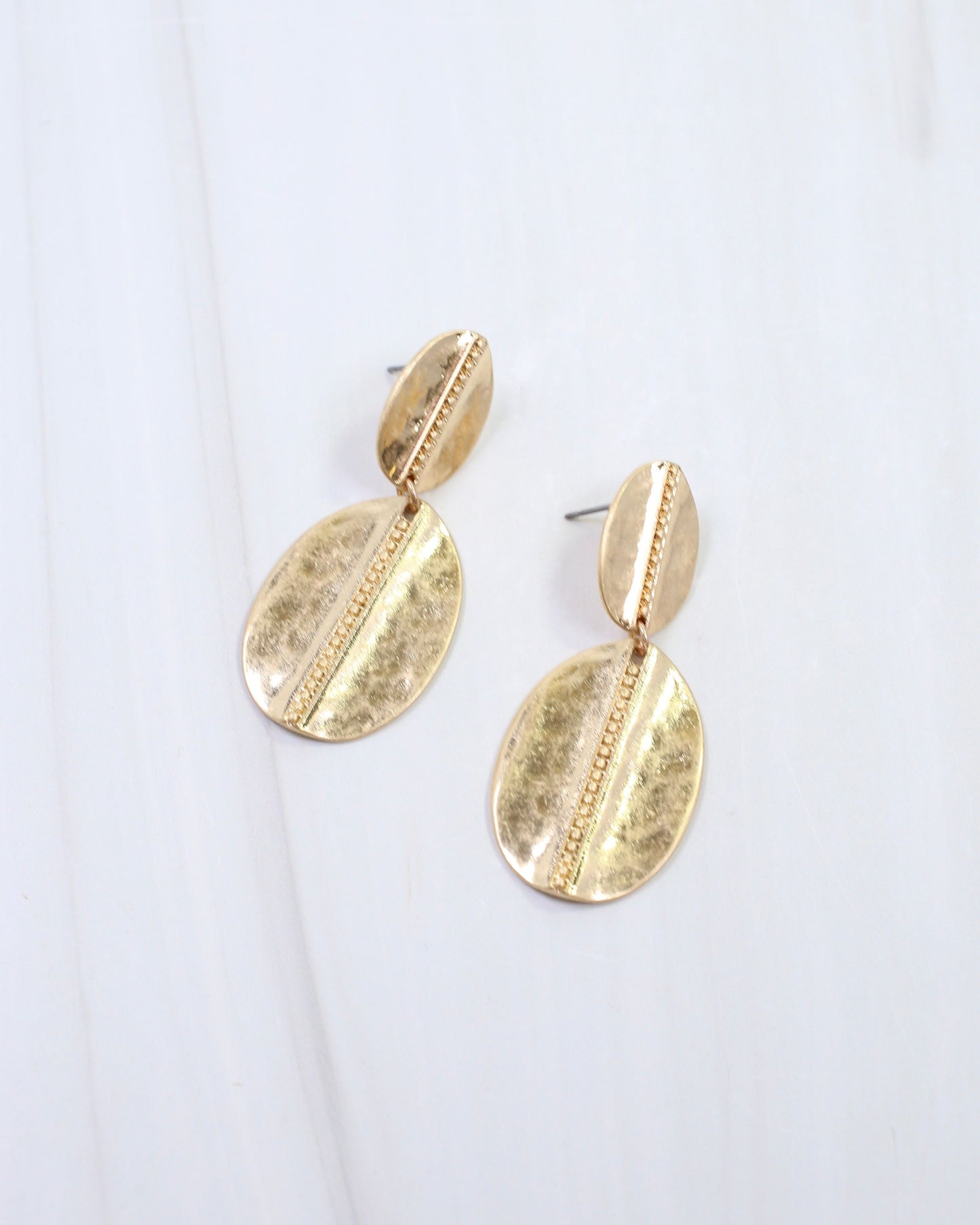 Averie Hammered Oval Drop Earring Worn Gold