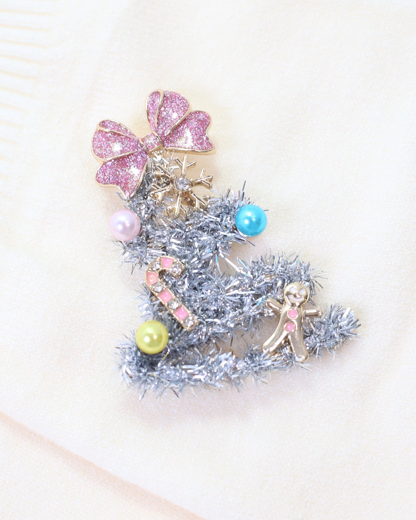 Tis the Season Tinsel Tree Brooch Silver