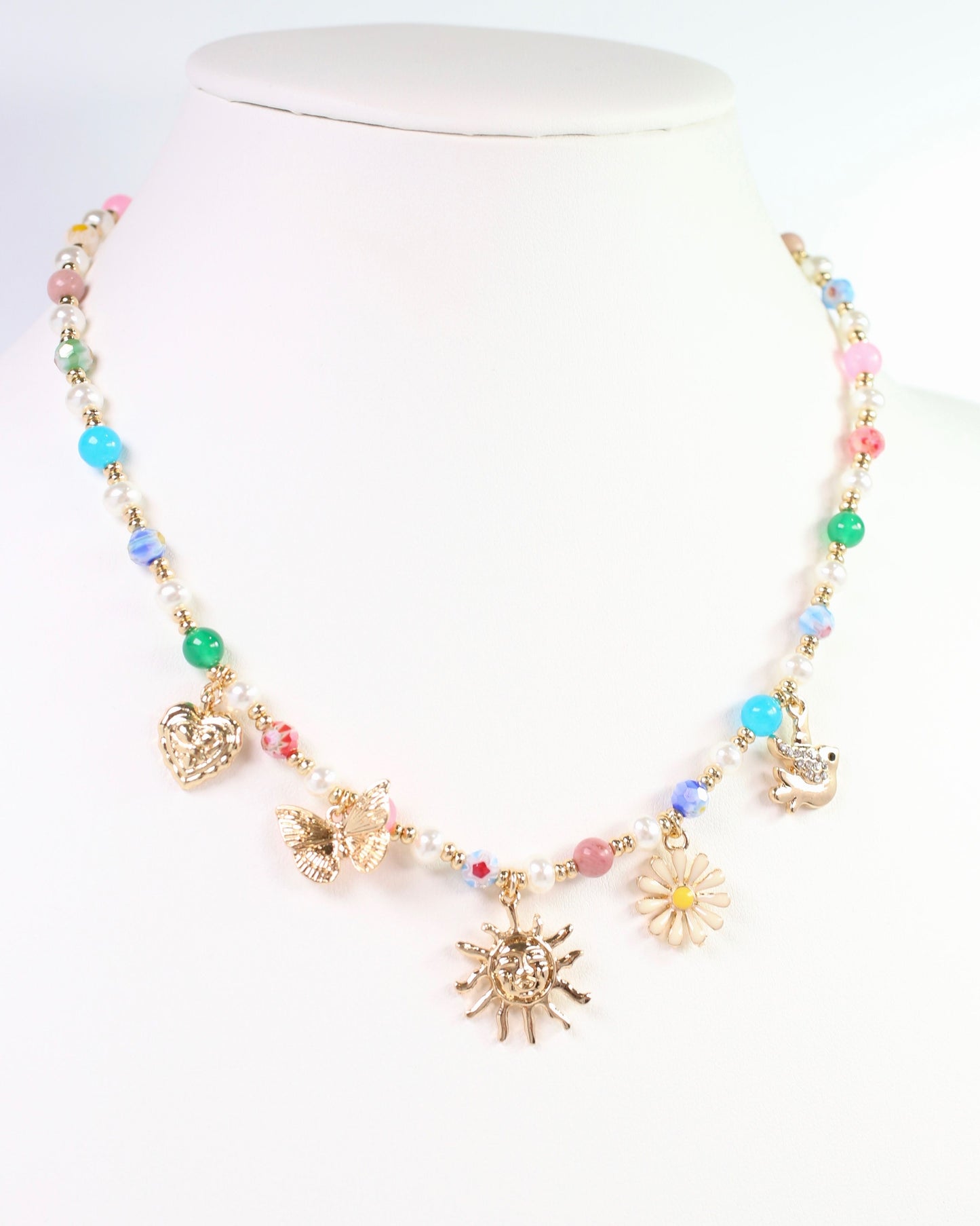 Morro Bay Mixed Bead Charm Necklace Gold