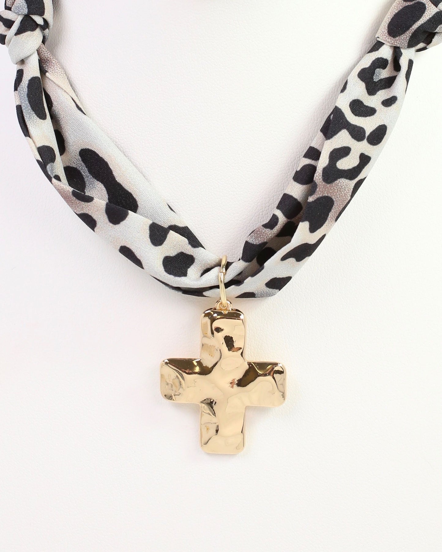 Elmhurst Cross Charm Scarf Necklace Taupe Leopard