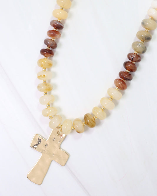 Berkeley Stone Beaded Cross Necklace Natural