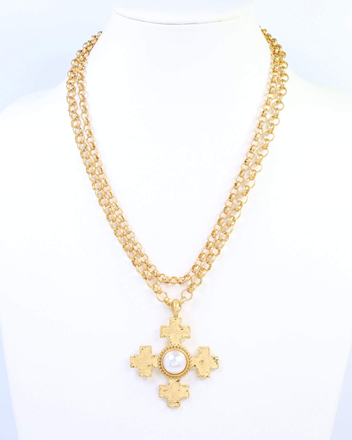 Highgrove Double Chain Cross Pendant Necklace Pearl