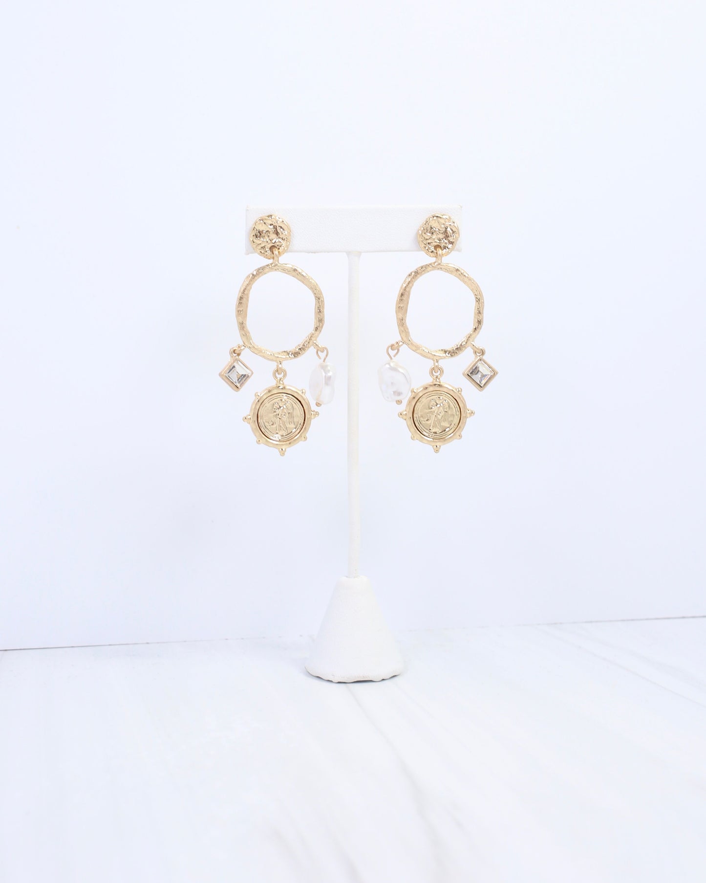 Adalee Hammered Coin Dangle Earring Worn Gold