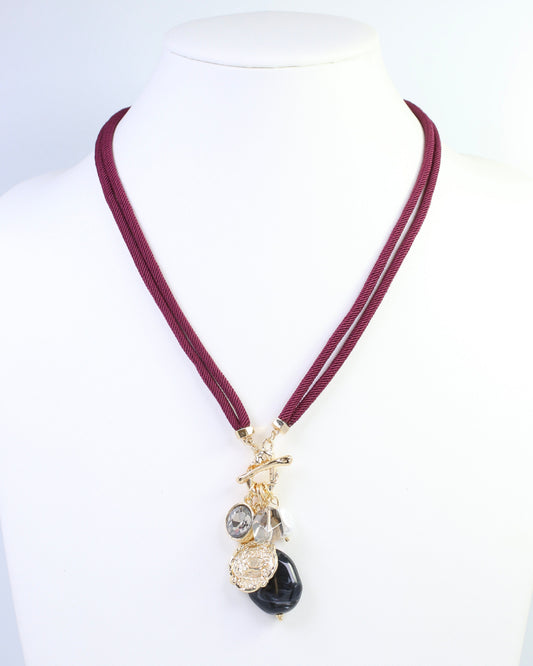 Maritza Coin and Stone Cord Necklace Burgundy