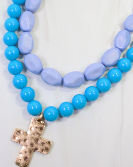 Pedy Cross Layered Beaded Necklace Blue