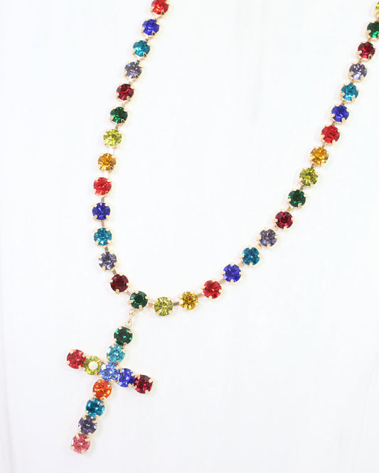 Melinda Crystal  Cross Necklace Dark Multi
