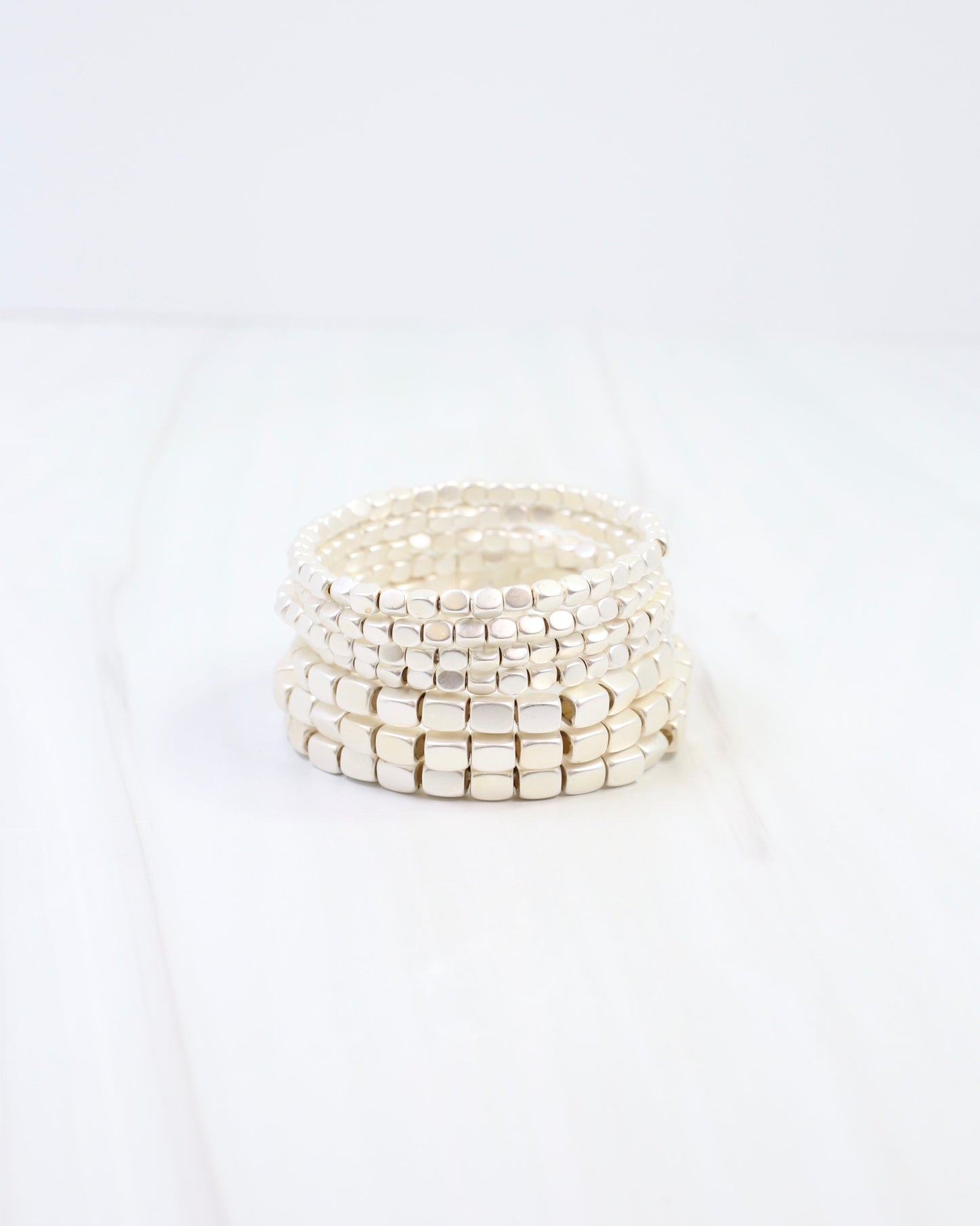 Durham Square Beaded Stretch Bracelet Set Matte Silver