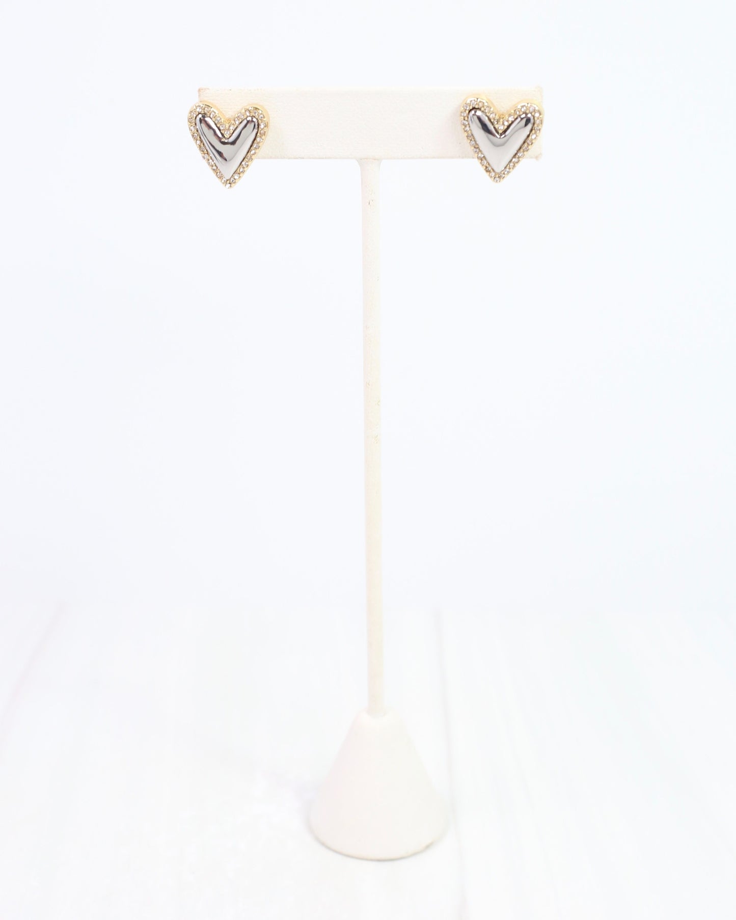 Whimsical Puff Heart and Crystal Stud Silver