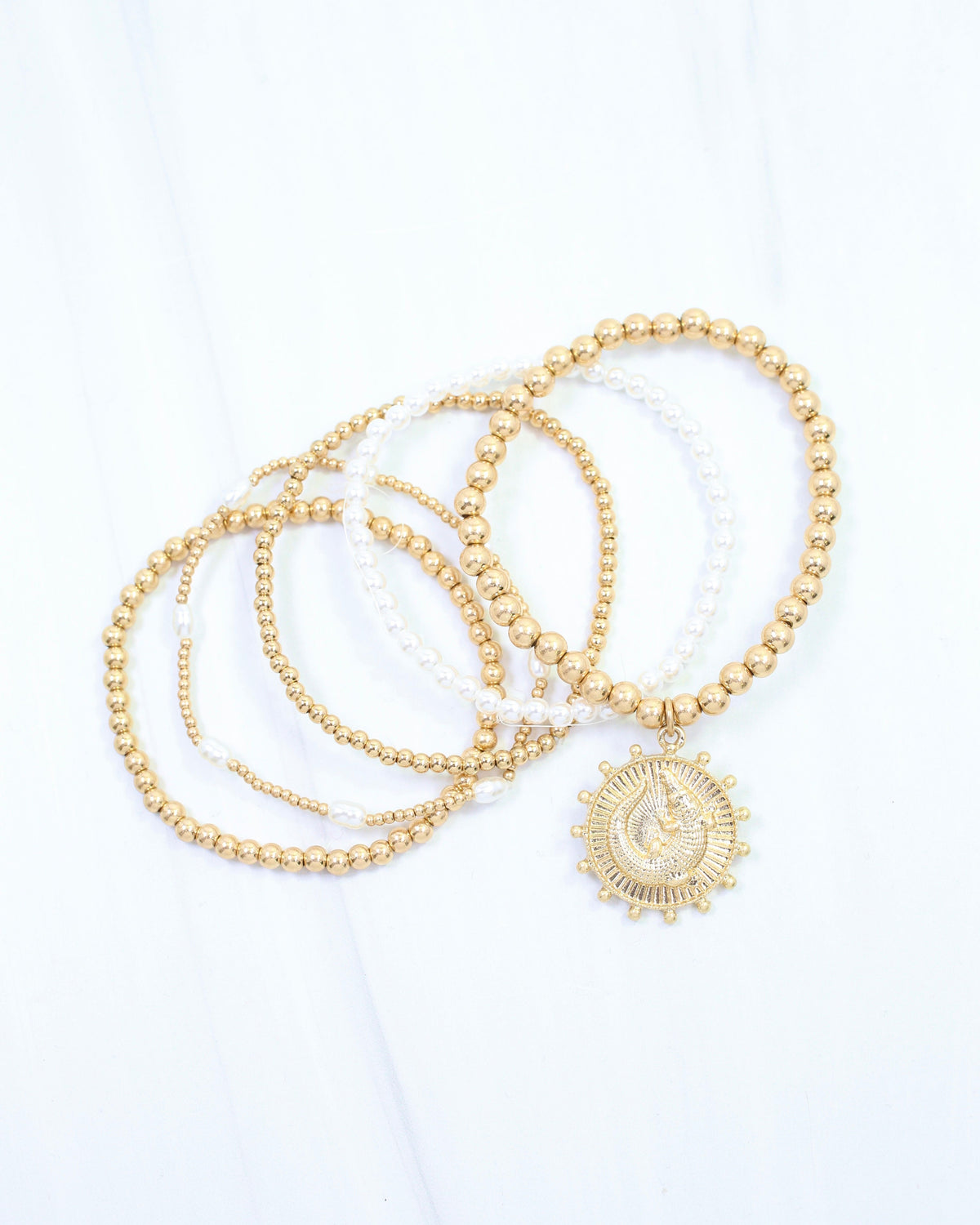 Carmen Coin Beaded Bracelet Set Alligator Worn Gold