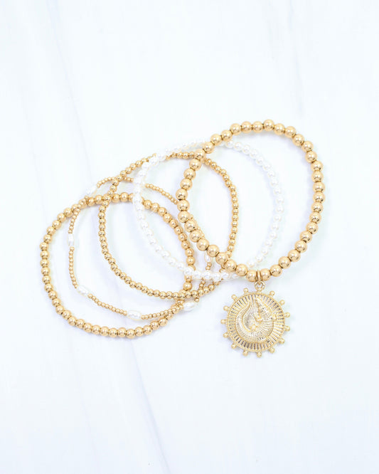 Carmen Coin Beaded Bracelet Set Alligator Worn Gold