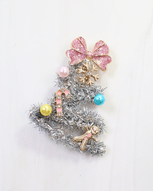 Tis the Season Tinsel Tree Brooch Silver