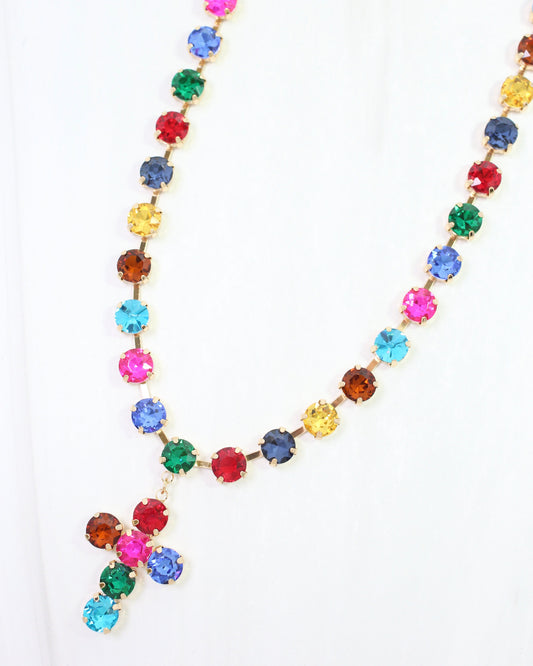 Melville Crystal  Cross Necklace Dark Multi