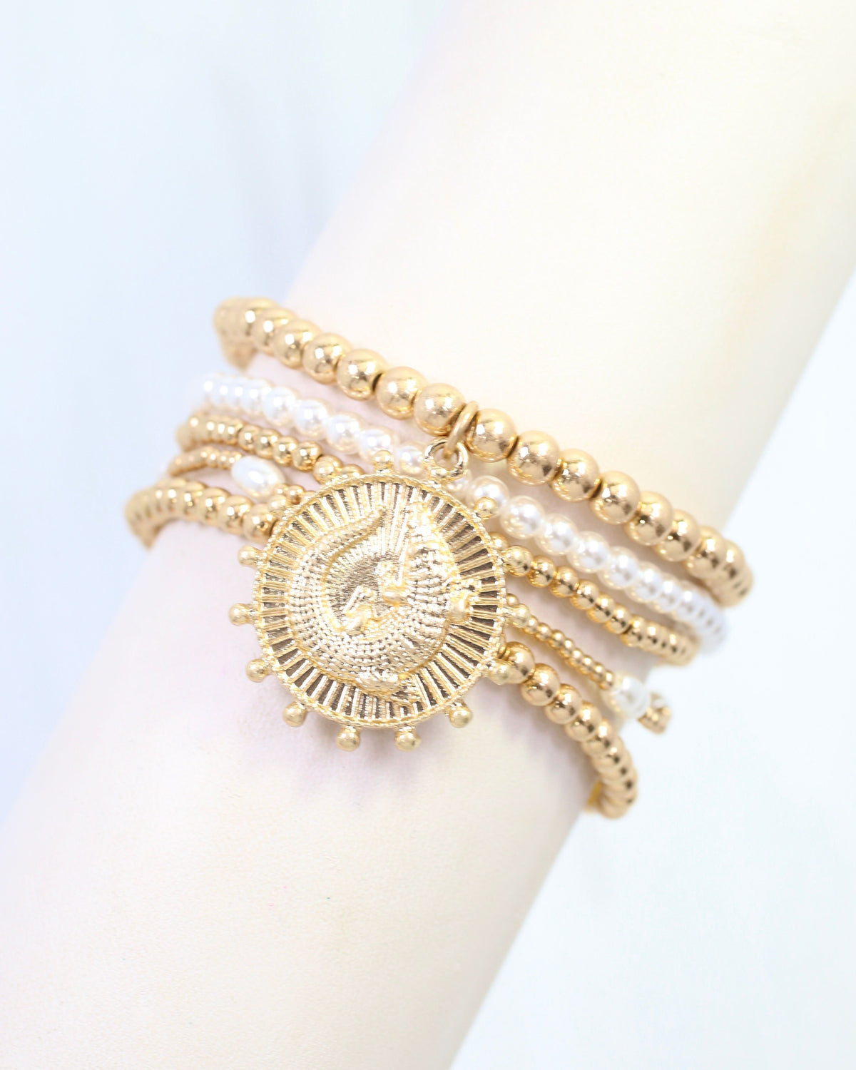 Carmen Coin Beaded Bracelet Set Alligator Worn Gold