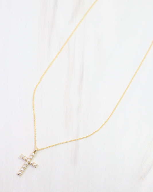 Erica Pearl Cross Necklace WR Gold