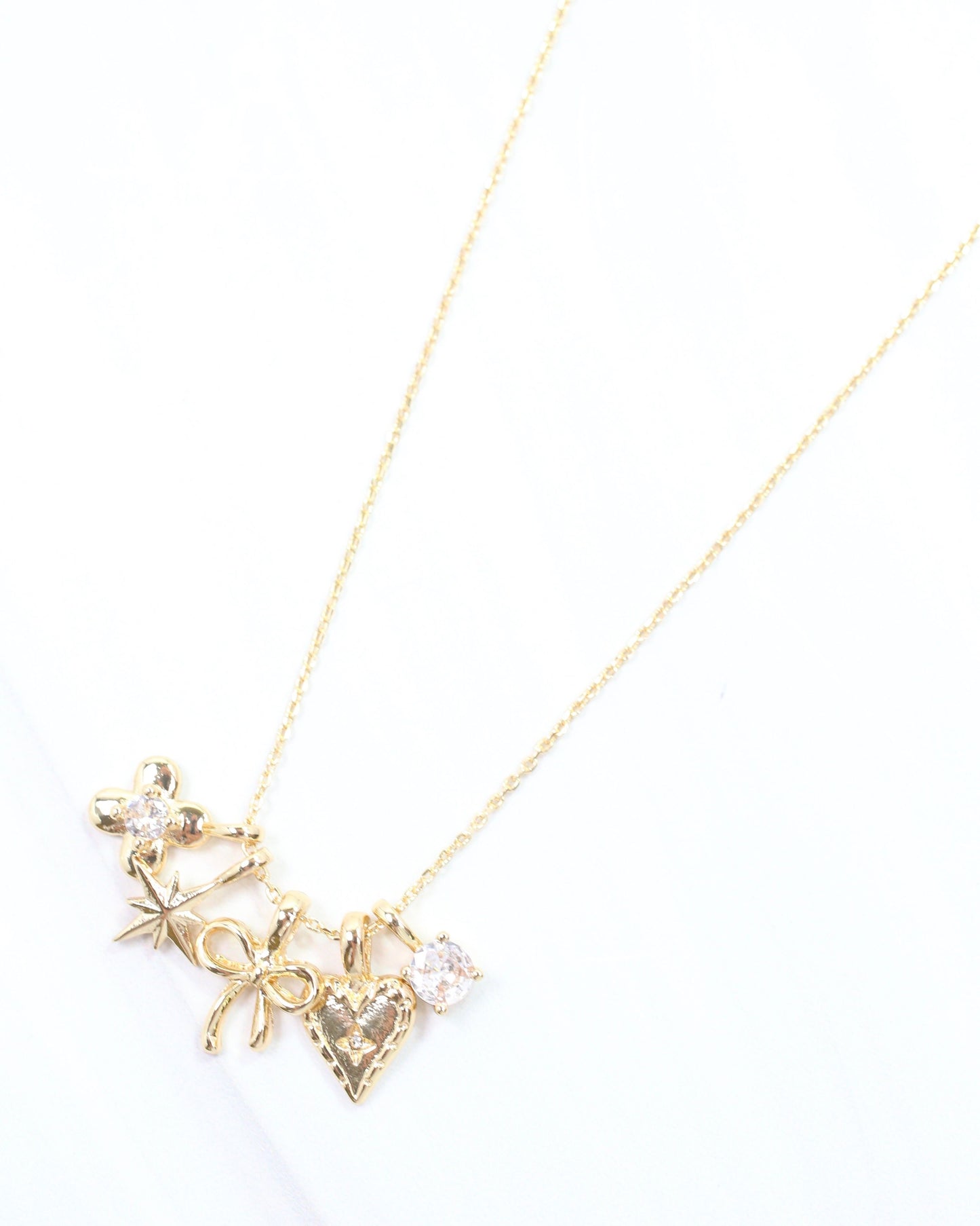Flower, Bow and Heart Charm Necklace Set Gold
