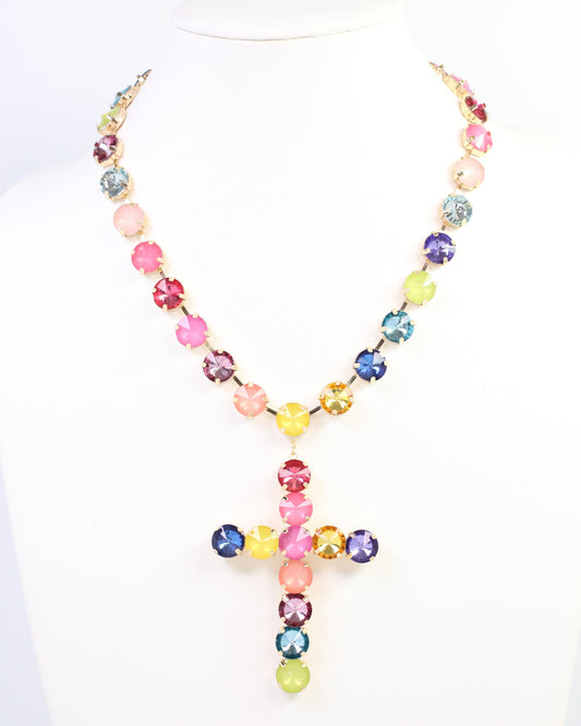 Shalimar Medium Cross Rhinestone Necklace Rainbow