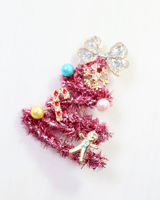 Tis the Season Tinsel Tree Brooch Pink