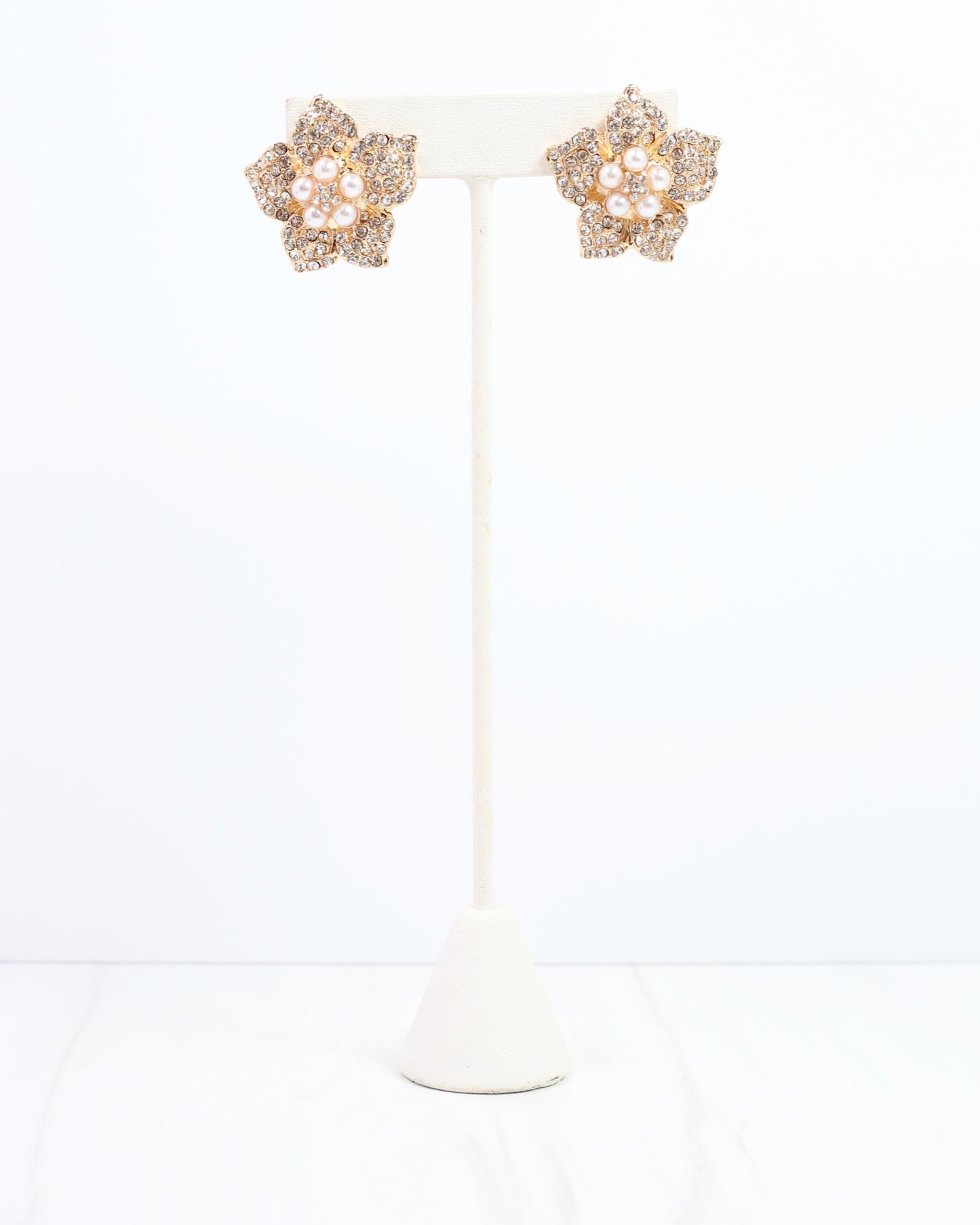 Pave Flower Post with Pearls Gold